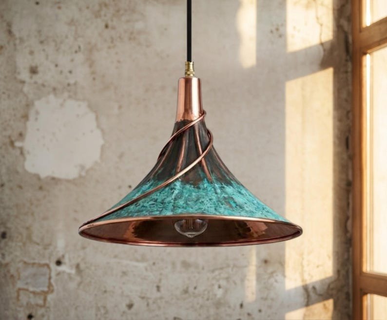 Handmade Moroccan Brass Cone Pendant Light – Turquoise Verdigris Hanging Lamp with Sculptural Copper Spiral and Warm Brass Interior for Kitchen Island, Dining Room & Living Room