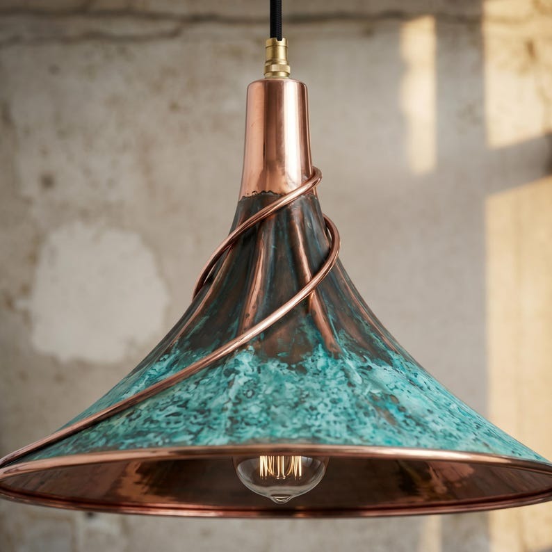 Handmade Moroccan Brass Cone Pendant Light – Turquoise Verdigris Hanging Lamp with Sculptural Copper Spiral and Warm Brass Interior for Kitchen Island, Dining Room & Living Room