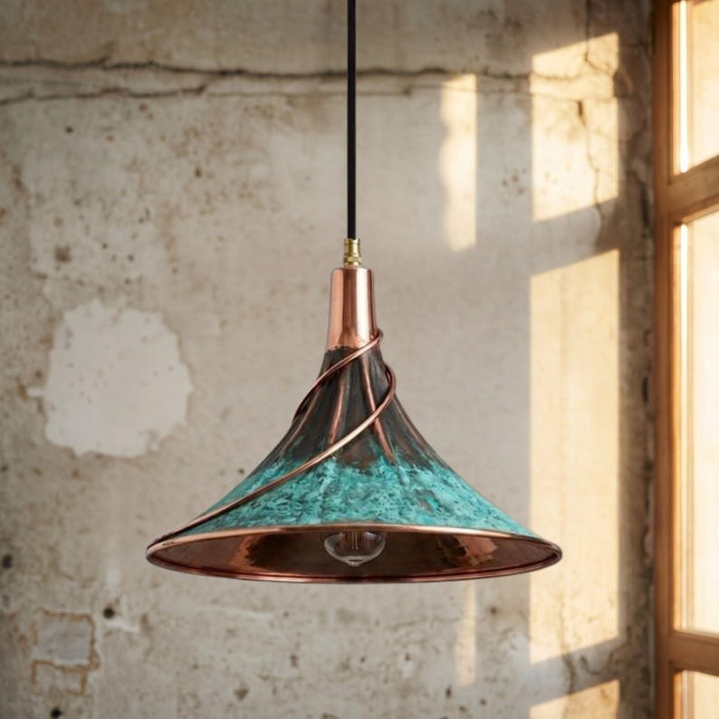Handmade Moroccan Brass Cone Pendant Light – Turquoise Verdigris Hanging Lamp with Sculptural Copper Spiral and Warm Brass Interior for Kitchen Island, Dining Room & Living Room