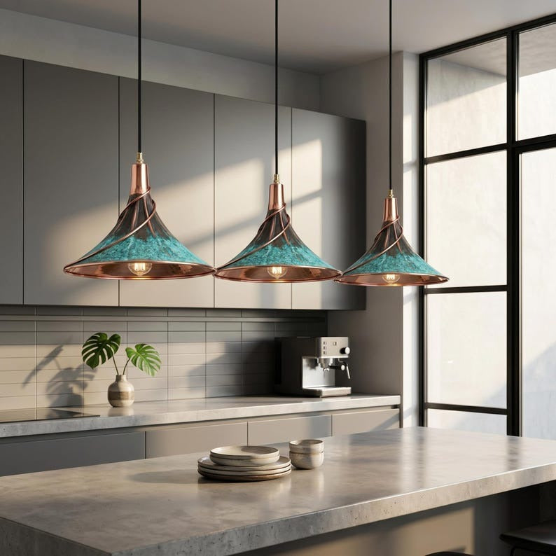Handmade Moroccan Brass Cone Pendant Light – Turquoise Verdigris Hanging Lamp with Sculptural Copper Spiral and Warm Brass Interior for Kitchen Island, Dining Room & Living Room