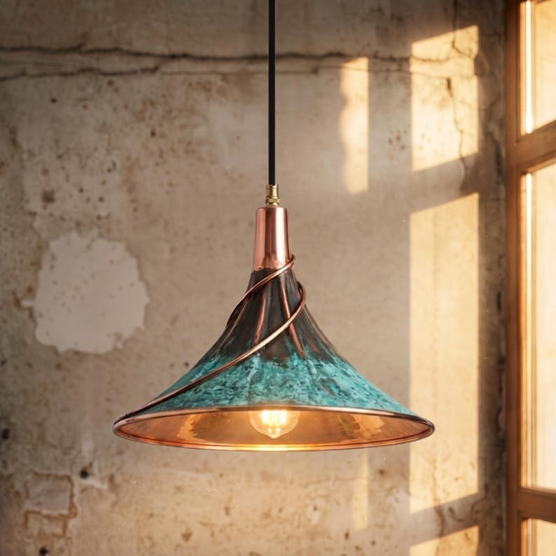 Handmade Moroccan Brass Cone Pendant Light – Turquoise Verdigris Hanging Lamp with Sculptural Copper Spiral and Warm Brass Interior for Kitchen Island, Dining Room & Living Room