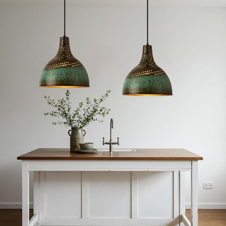 Handmade Moroccan Brass Pendant Light – Pierced Verdigris Dome Ceiling Lamp with Spiral Cutout Design, Antique Bronze Details & Warm Ambient Glow