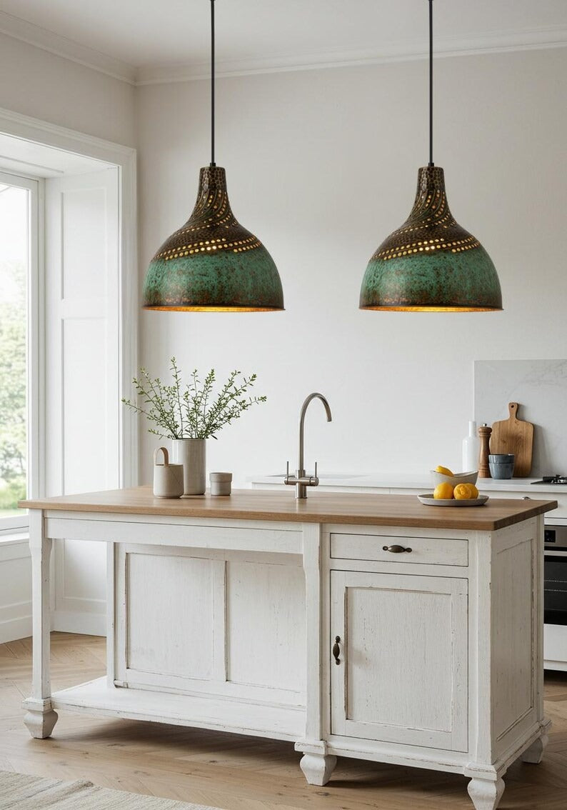 Handmade Moroccan Brass Pendant Light – Pierced Verdigris Dome Ceiling Lamp with Spiral Cutout Design, Antique Bronze Details & Warm Ambient Glow