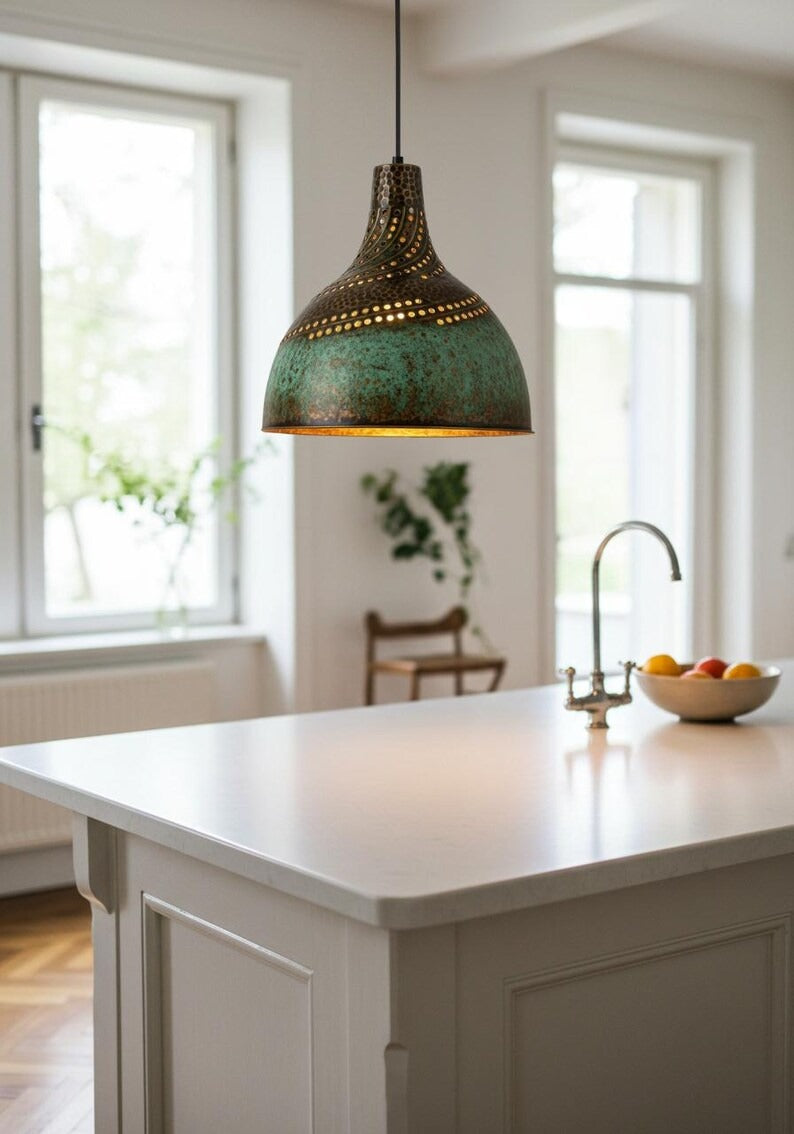 Handmade Moroccan Brass Pendant Light – Pierced Verdigris Dome Ceiling Lamp with Spiral Cutout Design, Antique Bronze Details & Warm Ambient Glow