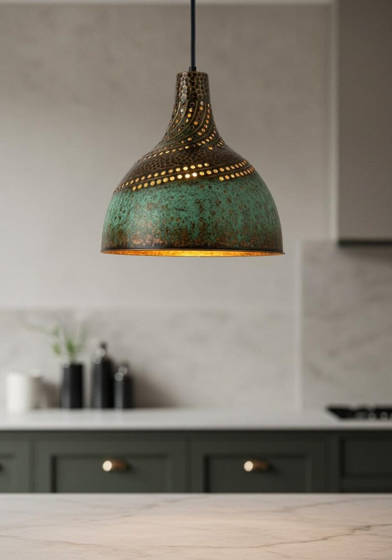 Handmade Moroccan Brass Pendant Light – Pierced Verdigris Dome Ceiling Lamp with Spiral Cutout Design, Antique Bronze Details & Warm Ambient Glow