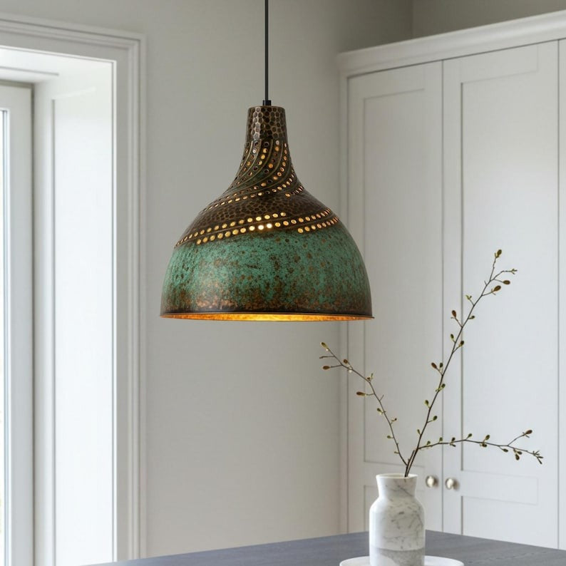 Handmade Moroccan Brass Pendant Light – Pierced Verdigris Dome Ceiling Lamp with Spiral Cutout Design, Antique Bronze Details & Warm Ambient Glow