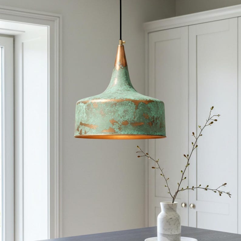 Handmade Moroccan Brass Pendant Light – Tall Verdigris Drum Ceiling Lamp with Tapered Neck, Aged Copper Accents & Warm Downlight