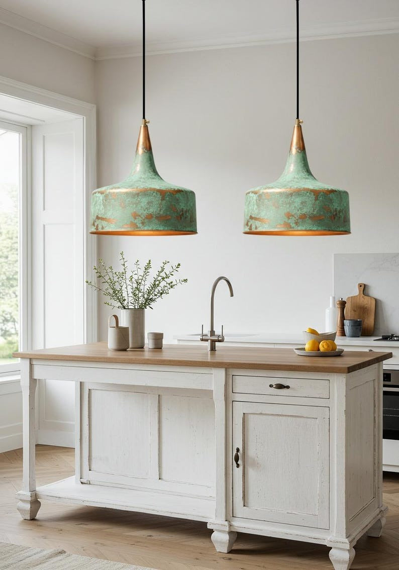 Handmade Moroccan Brass Pendant Light – Tall Verdigris Drum Ceiling Lamp with Tapered Neck, Aged Copper Accents & Warm Downlight