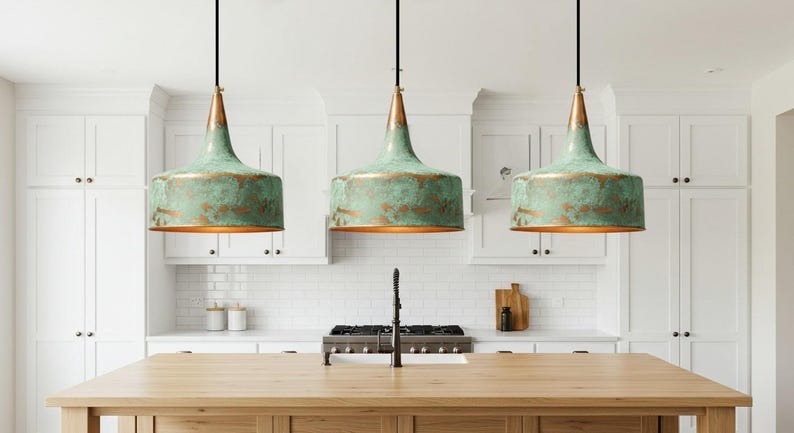 Handmade Moroccan Brass Pendant Light – Tall Verdigris Drum Ceiling Lamp with Tapered Neck, Aged Copper Accents & Warm Downlight