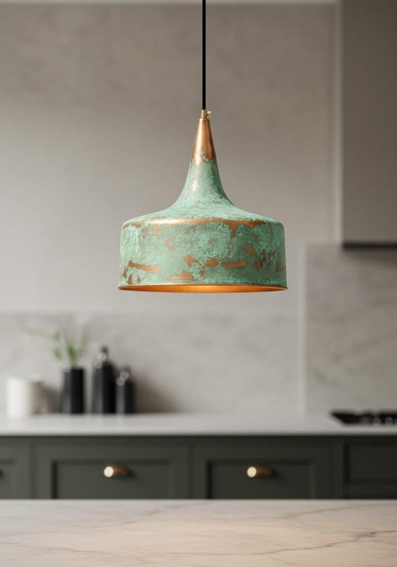 Handmade Moroccan Brass Pendant Light – Tall Verdigris Drum Ceiling Lamp with Tapered Neck, Aged Copper Accents & Warm Downlight