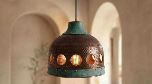 Handmade Brass Moroccan Pendant Light – Dark Hammered Brass Hanging Lamp with Verdigris Green Patina Bands & Round Cutout Windows, Rustic Boho Ceiling Fixture