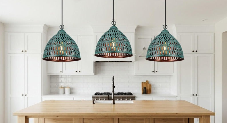 Verdigris Brass Lantern Pendant Light – Pierced Moroccan Bell Kitchen Island Chandelier