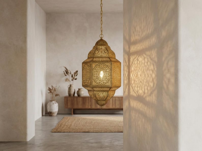 Moroccan Brass Lantern Pendant Light – Pierced Filigree Hanging Chandelier with Geometric Shadow Pattern
