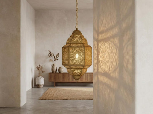Moroccan Brass Lantern Pendant Light – Pierced Filigree Hanging Chandelier with Geometric Shadow Pattern
