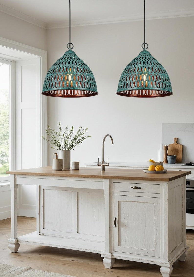Verdigris Brass Lantern Pendant Light – Pierced Moroccan Bell Kitchen Island Chandelier