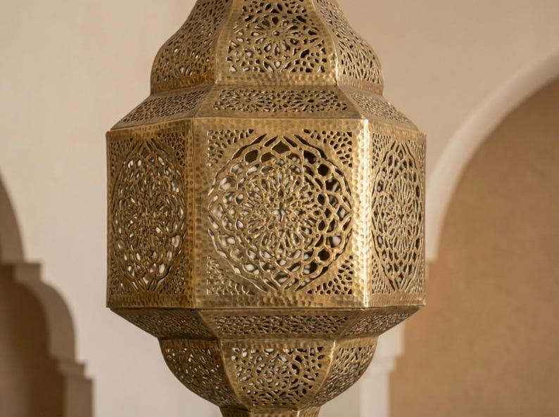 Moroccan Brass Lantern Pendant Light – Pierced Filigree Hanging Chandelier with Geometric Shadow Pattern