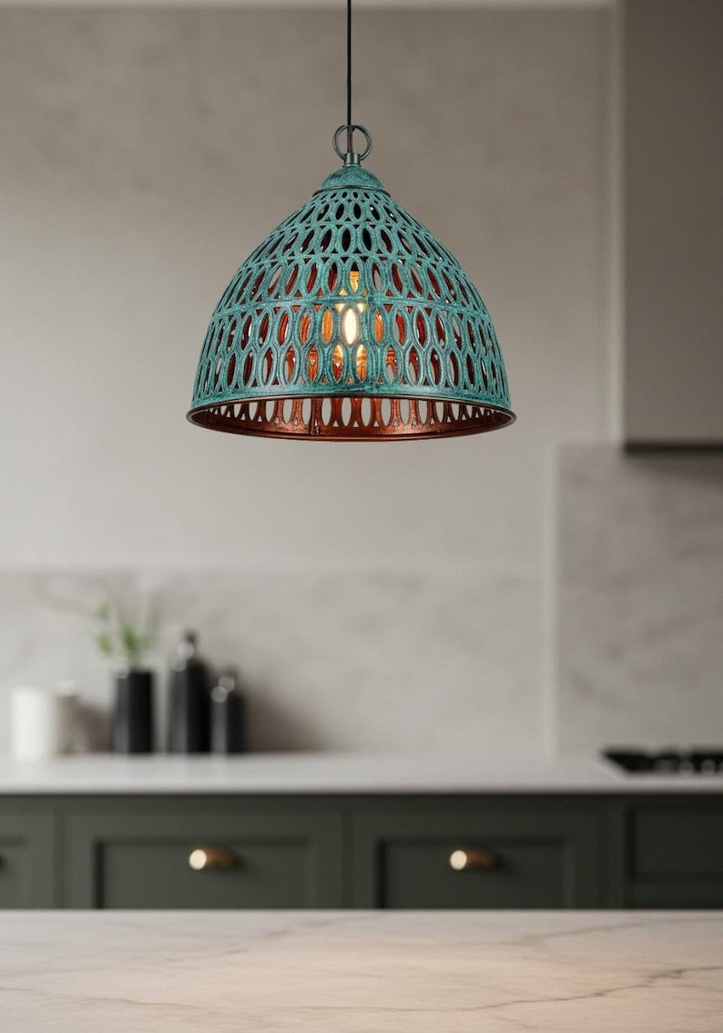 Verdigris Brass Lantern Pendant Light – Pierced Moroccan Bell Kitchen Island Chandelier