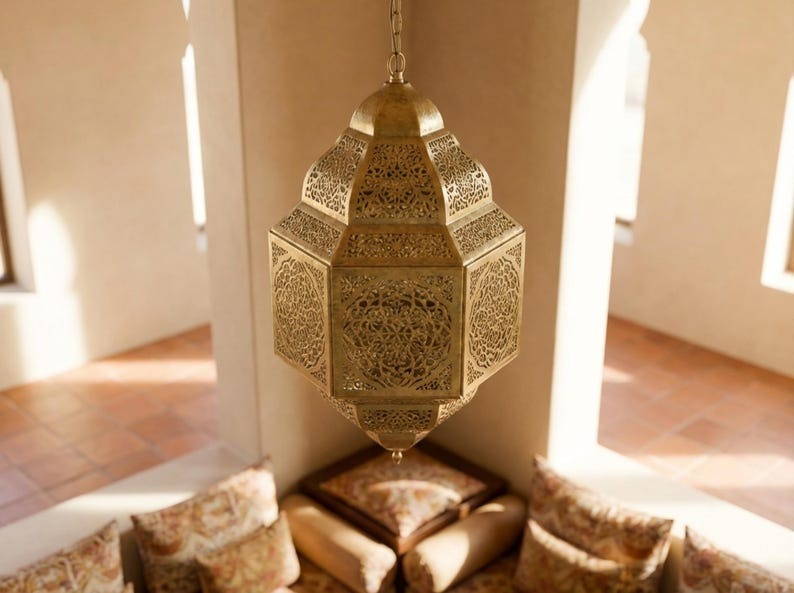 Moroccan Brass Lantern Pendant Light – Pierced Filigree Hanging Chandelier with Geometric Shadow Pattern