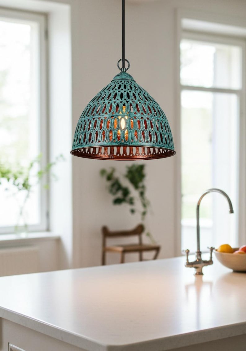 Verdigris Brass Lantern Pendant Light – Pierced Moroccan Bell Kitchen Island Chandelier