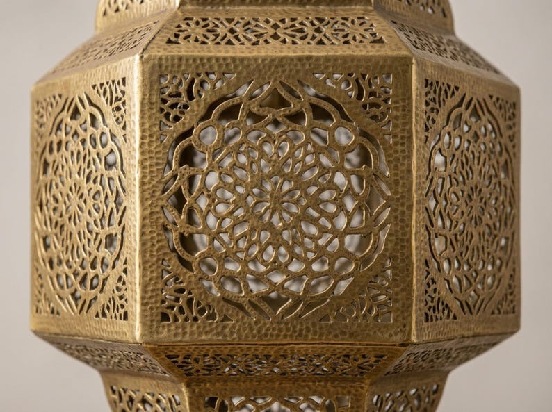 Moroccan Brass Lantern Pendant Light – Pierced Filigree Hanging Chandelier with Geometric Shadow Pattern