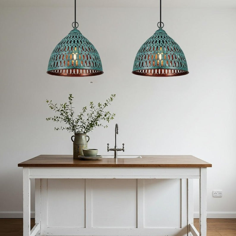 Verdigris Brass Lantern Pendant Light – Pierced Moroccan Bell Kitchen Island Chandelier