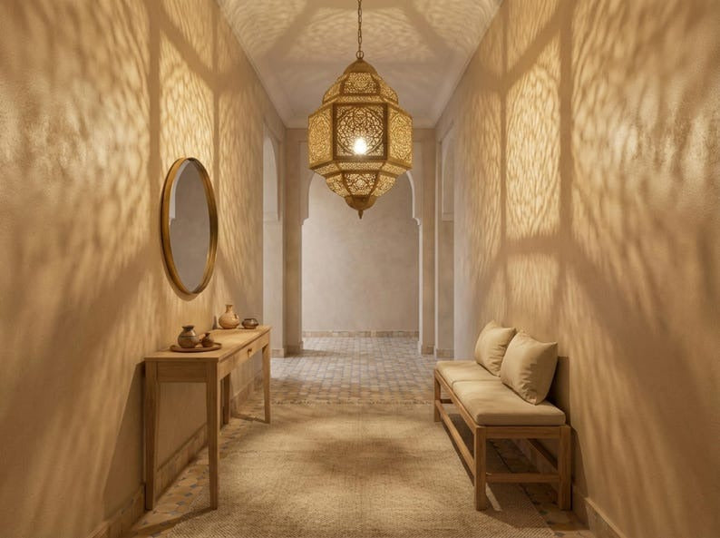 Moroccan Brass Lantern Pendant Light – Pierced Filigree Hanging Chandelier with Geometric Shadow Pattern