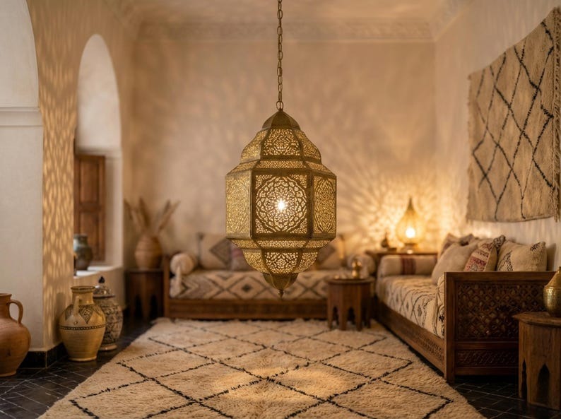 Moroccan Brass Lantern Pendant Light – Pierced Filigree Hanging Chandelier with Geometric Shadow Pattern