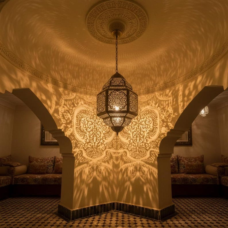 Moroccan Brass Lantern Pendant Light – Pierced Filigree Hanging Chandelier with Geometric Shadow Pattern