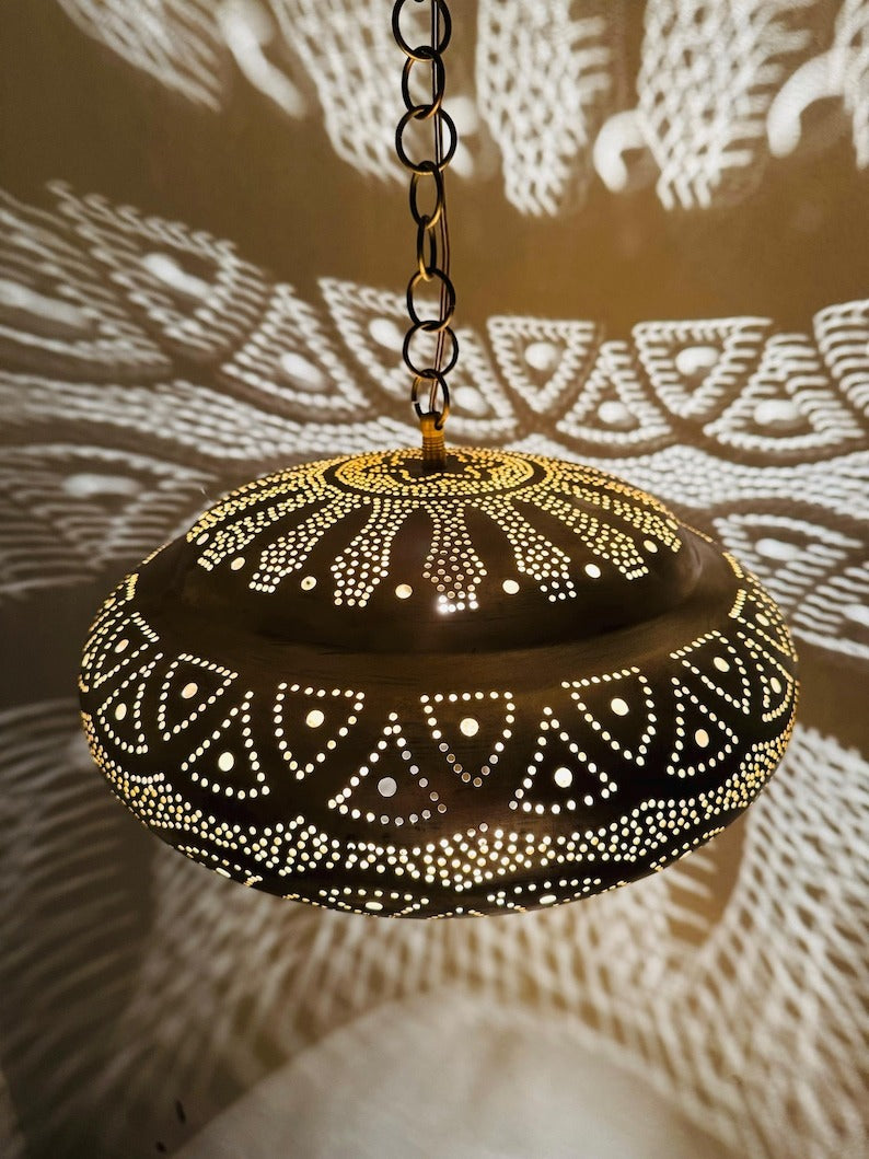Moroccan Pierced Saucer Lantern Pendant Light, Handmade Moorish Shadow Chandelier, Boho Arabic Hanging Lamp, Rustic Filigree Ceiling Light Fixture