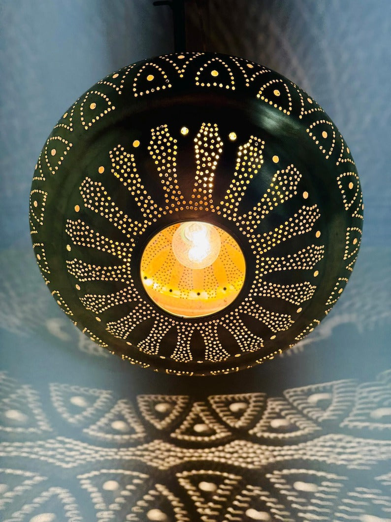 Moroccan Pierced Saucer Lantern Pendant Light, Handmade Moorish Shadow Chandelier, Boho Arabic Hanging Lamp, Rustic Filigree Ceiling Light Fixture
