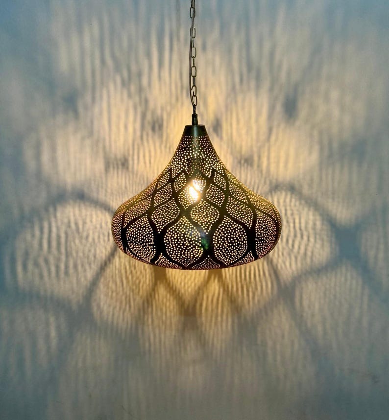 Handmade Moroccan Brass Teardrop Pendant Light – Pierced Brass Hanging Lantern with Floral Petal Patterns, Chain Suspension and Dramatic Shadow Projection