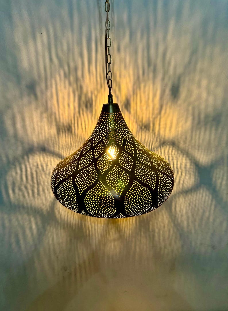 Handmade Moroccan Brass Teardrop Pendant Light – Pierced Brass Hanging Lantern with Floral Petal Patterns, Chain Suspension and Dramatic Shadow Projection