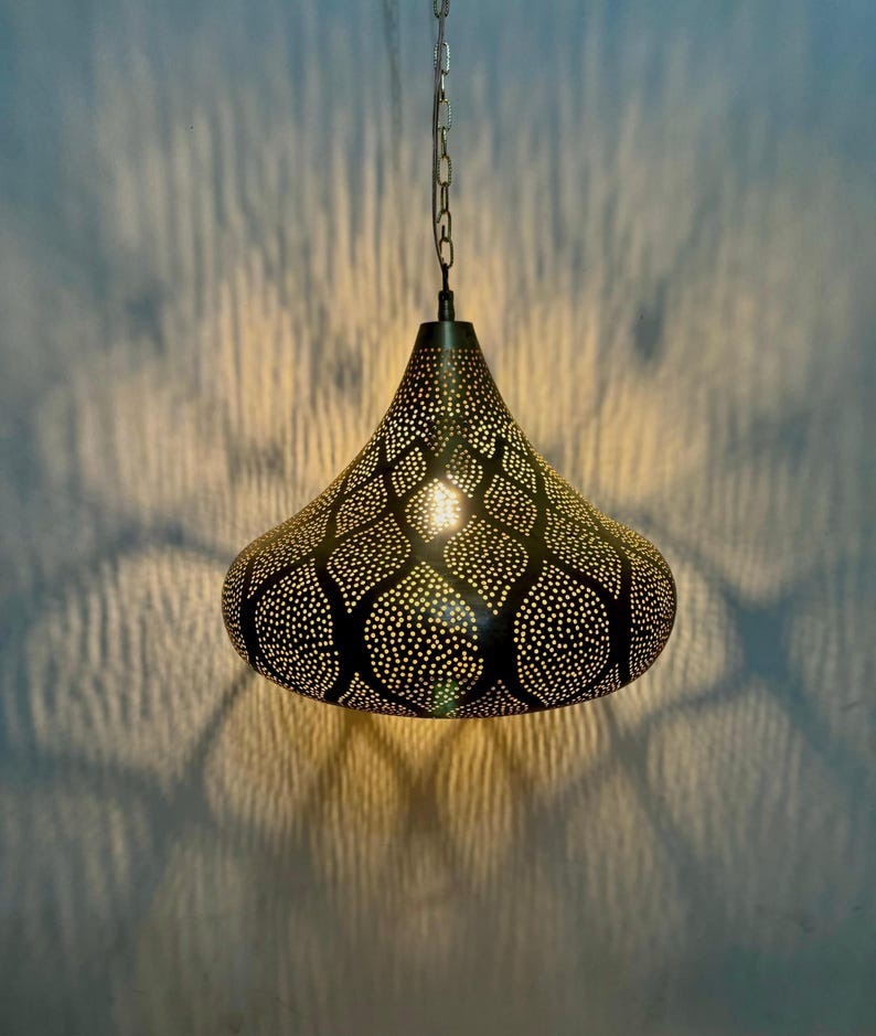 Handmade Moroccan Brass Teardrop Pendant Light – Pierced Brass Hanging Lantern with Floral Petal Patterns, Chain Suspension and Dramatic Shadow Projection