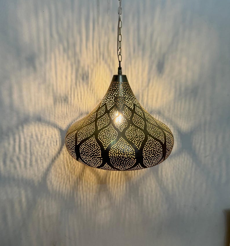 Handmade Moroccan Brass Teardrop Pendant Light – Pierced Brass Hanging Lantern with Floral Petal Patterns, Chain Suspension and Dramatic Shadow Projection