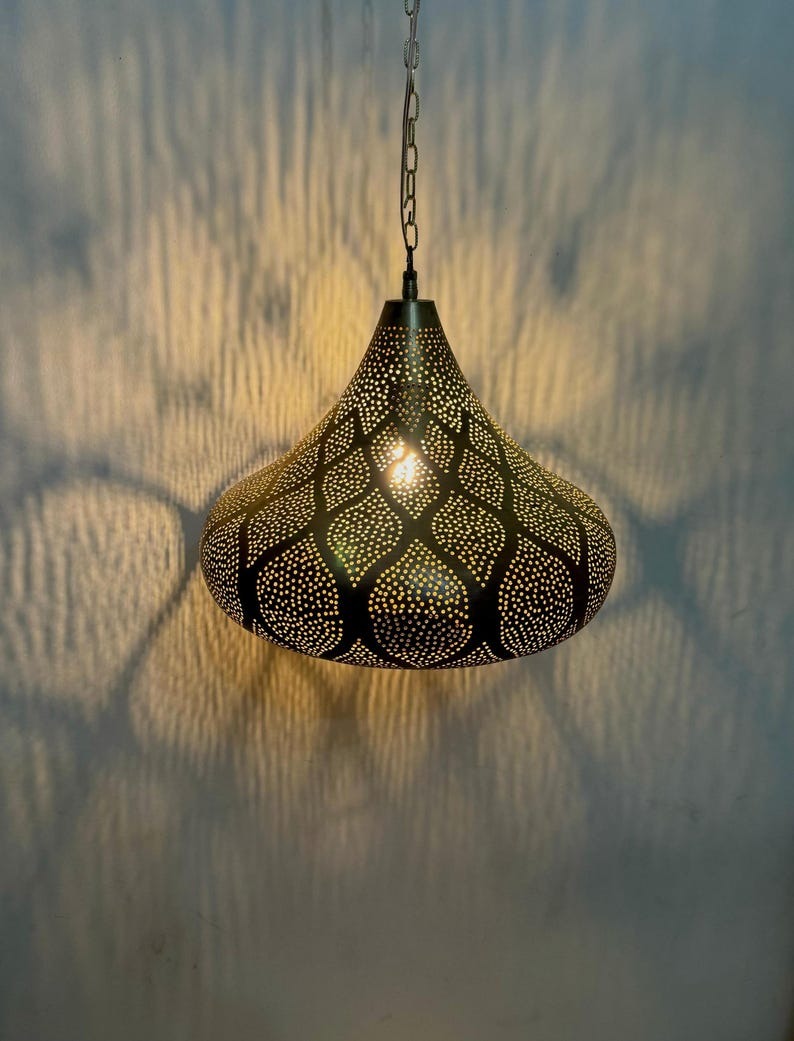 Handmade Moroccan Brass Teardrop Pendant Light – Pierced Brass Hanging Lantern with Floral Petal Patterns, Chain Suspension and Dramatic Shadow Projection