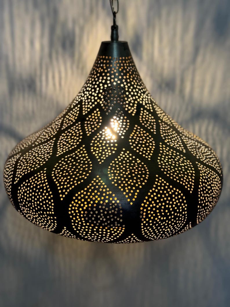 Handmade Moroccan Brass Teardrop Pendant Light – Pierced Brass Hanging Lantern with Floral Petal Patterns, Chain Suspension and Dramatic Shadow Projection