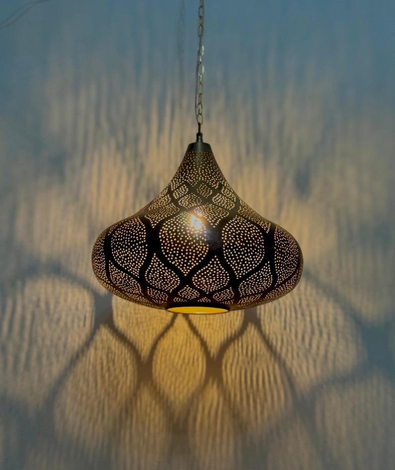 Handmade Moroccan Brass Teardrop Pendant Light – Pierced Brass Hanging Lantern with Floral Petal Patterns, Chain Suspension and Dramatic Shadow Projection