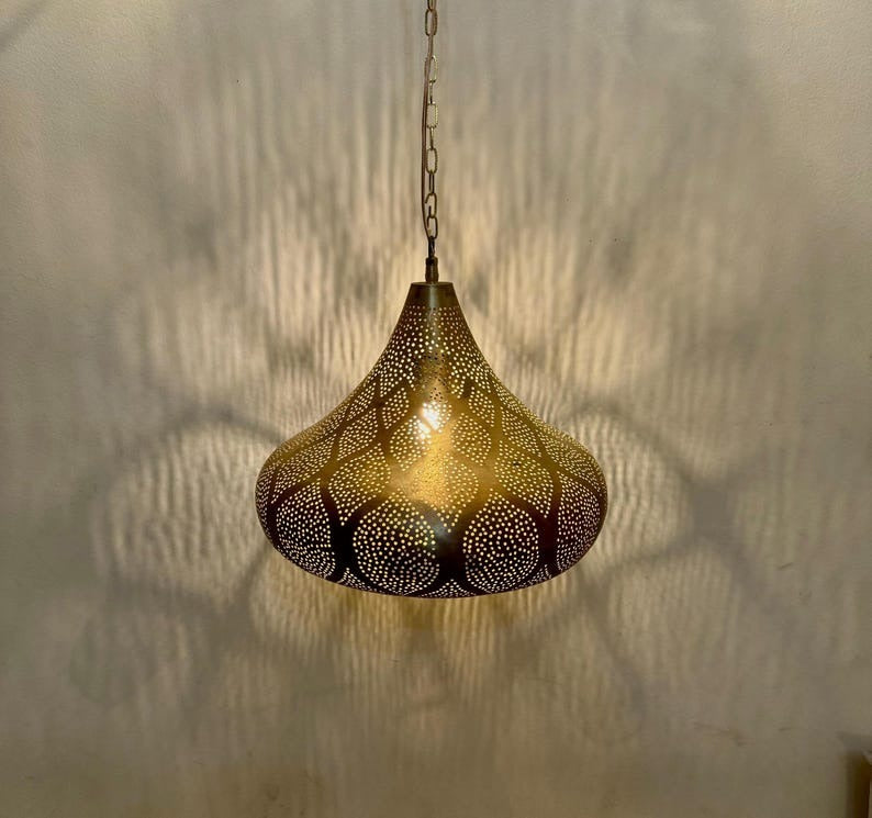 Handmade Moroccan Brass Teardrop Pendant Light – Pierced Brass Hanging Lantern with Floral Petal Patterns, Chain Suspension and Dramatic Shadow Projection