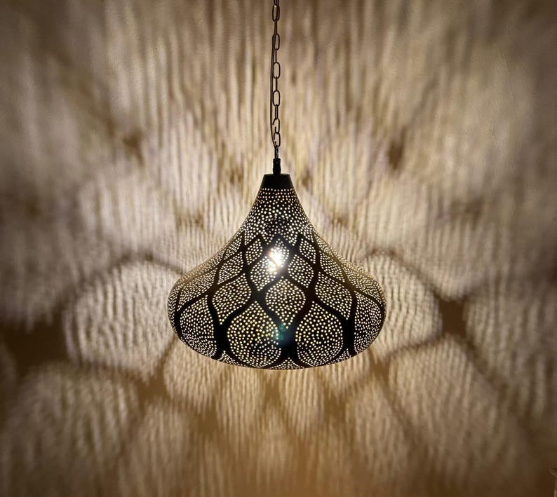 Handmade Moroccan Brass Teardrop Pendant Light – Pierced Brass Hanging Lantern with Floral Petal Patterns, Chain Suspension and Dramatic Shadow Projection