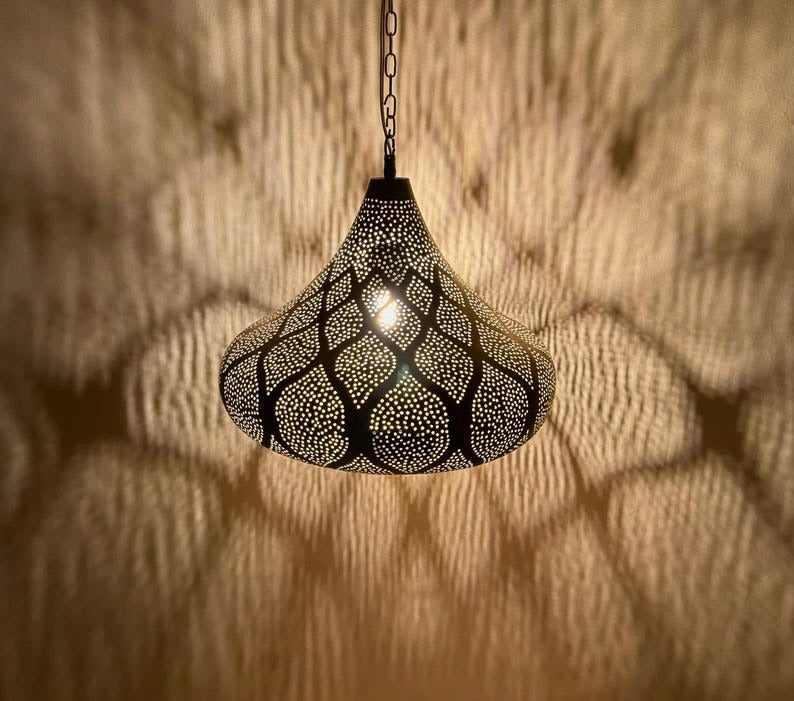Handmade Moroccan Brass Teardrop Pendant Light – Pierced Brass Hanging Lantern with Floral Petal Patterns, Chain Suspension and Dramatic Shadow Projection