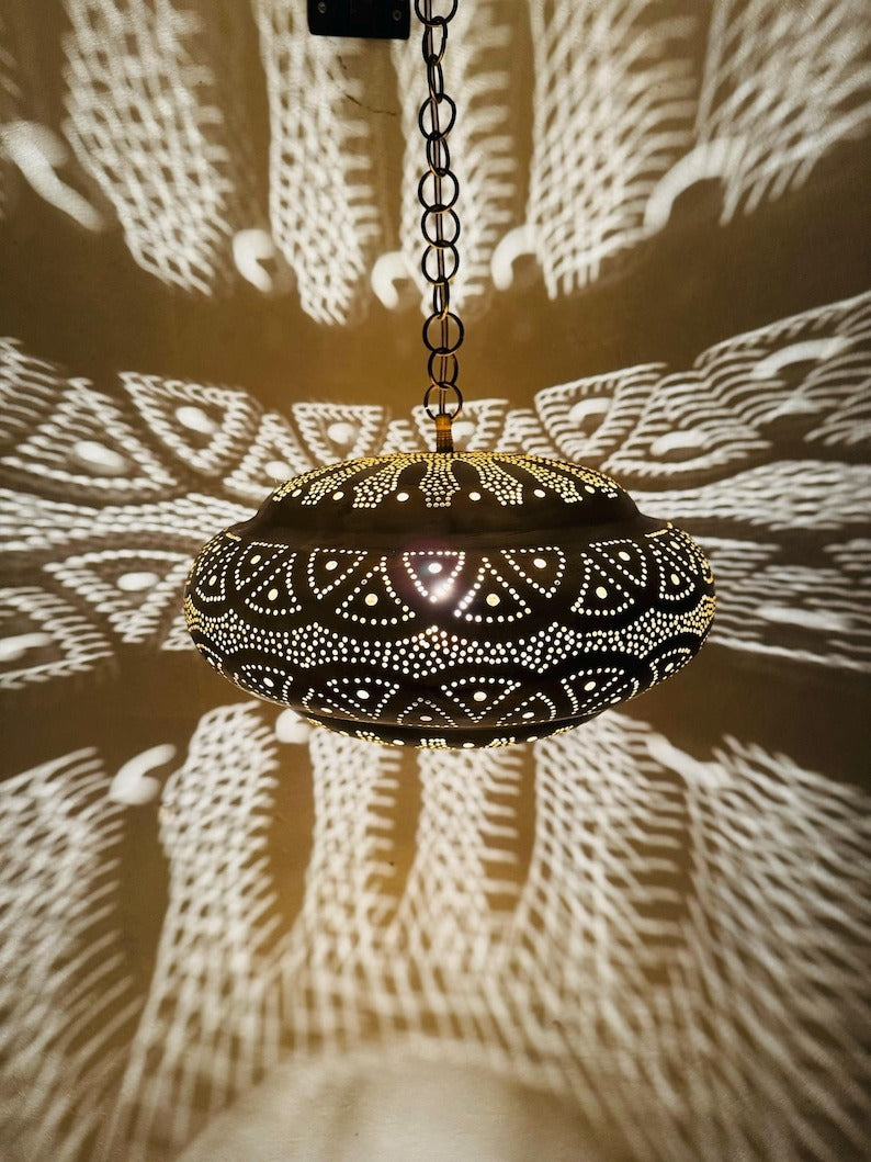 Moroccan Pierced Saucer Lantern Pendant Light, Handmade Moorish Shadow Chandelier, Boho Arabic Hanging Lamp, Rustic Filigree Ceiling Light Fixture