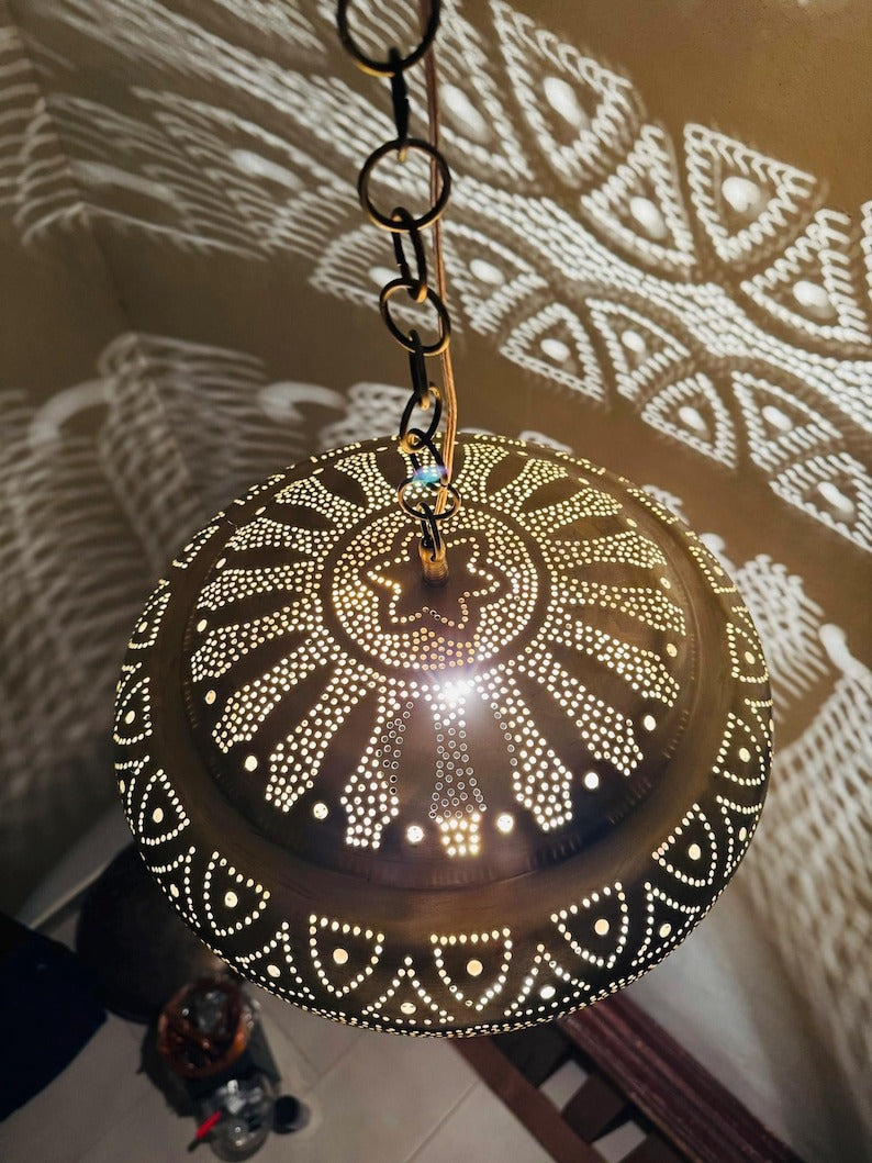 Moroccan Pierced Saucer Lantern Pendant Light, Handmade Moorish Shadow Chandelier, Boho Arabic Hanging Lamp, Rustic Filigree Ceiling Light Fixture
