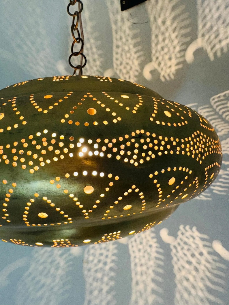Moroccan Pierced Saucer Lantern Pendant Light, Handmade Moorish Shadow Chandelier, Boho Arabic Hanging Lamp, Rustic Filigree Ceiling Light Fixture