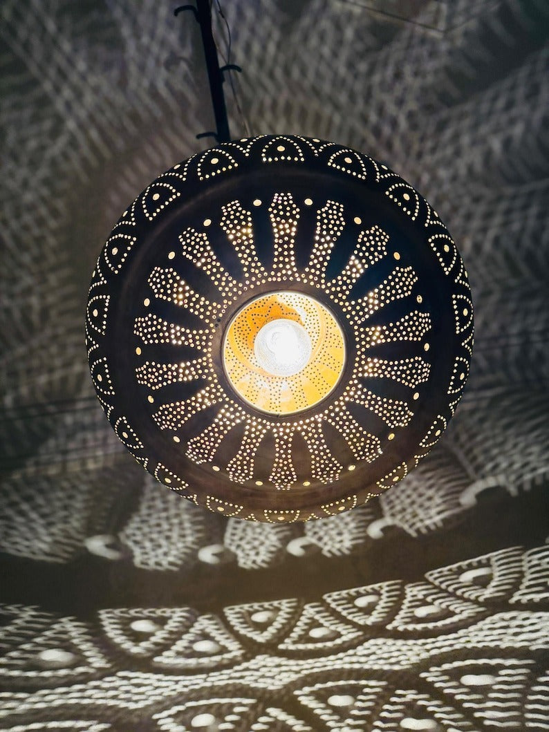 Moroccan Pierced Saucer Lantern Pendant Light, Handmade Moorish Shadow Chandelier, Boho Arabic Hanging Lamp, Rustic Filigree Ceiling Light Fixture
