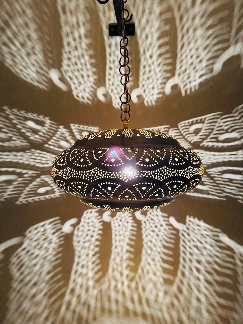 Moroccan Pierced Saucer Lantern Pendant Light, Handmade Moorish Shadow Chandelier, Boho Arabic Hanging Lamp, Rustic Filigree Ceiling Light Fixture