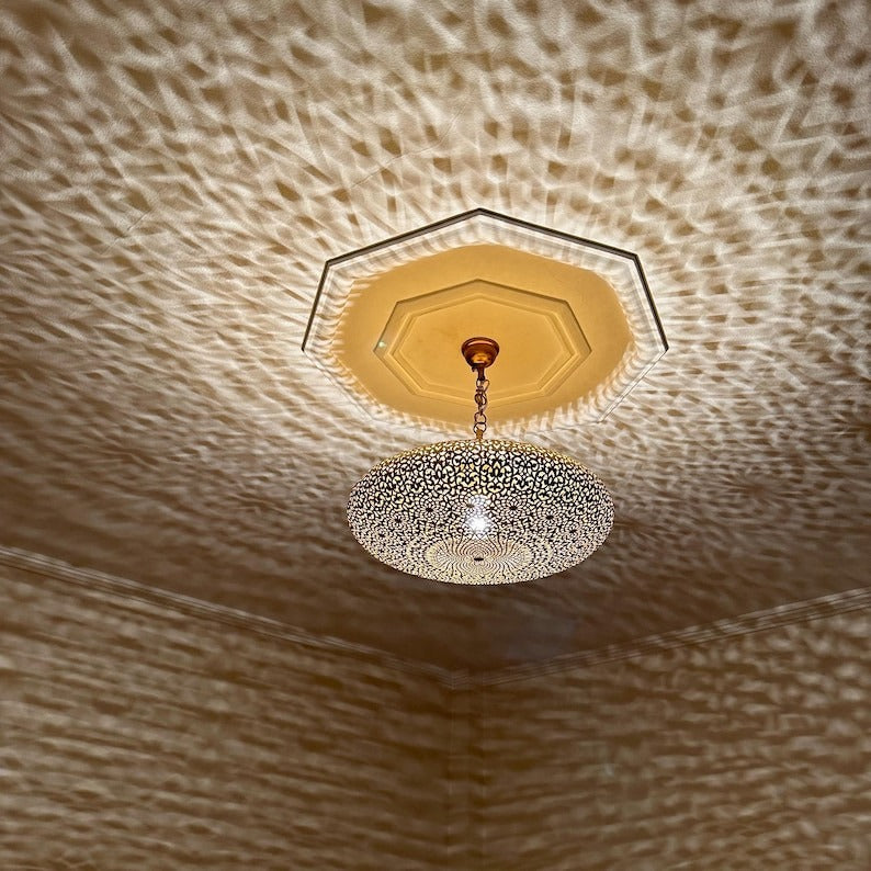 Handmade Moroccan Brass Flush Mount Ceiling Light – Large Pierced Round Dome with Floral Rosette & Arabesque Cutouts, Shadow Casting Moorish Ceiling Fixture