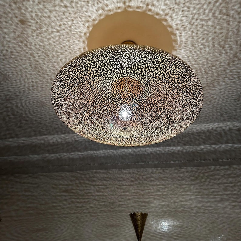 Handmade Moroccan Brass Flush Mount Ceiling Light – Large Pierced Round Dome with Floral Rosette & Arabesque Cutouts, Shadow Casting Moorish Ceiling Fixture