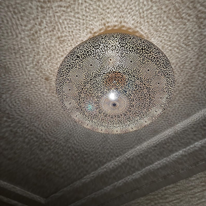 Handmade Moroccan Brass Flush Mount Ceiling Light – Large Pierced Round Dome with Floral Rosette & Arabesque Cutouts, Shadow Casting Moorish Ceiling Fixture