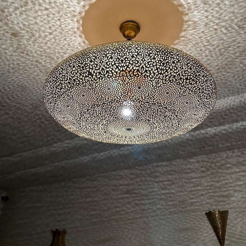 Handmade Moroccan Brass Flush Mount Ceiling Light – Large Pierced Round Dome with Floral Rosette & Arabesque Cutouts, Shadow Casting Moorish Ceiling Fixture