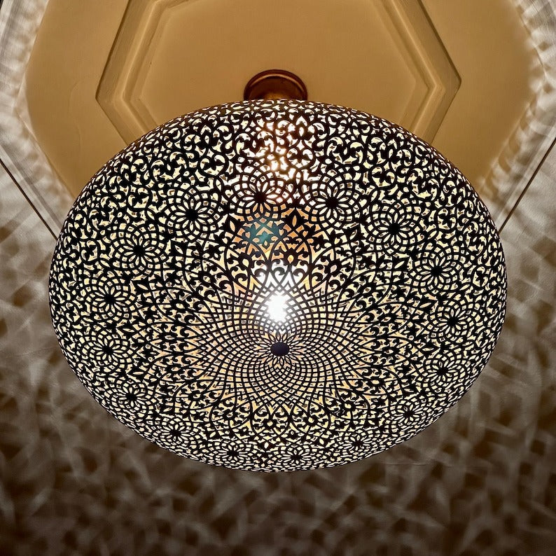 Handmade Moroccan Brass Flush Mount Ceiling Light – Large Pierced Round Dome with Floral Rosette & Arabesque Cutouts, Shadow Casting Moorish Ceiling Fixture